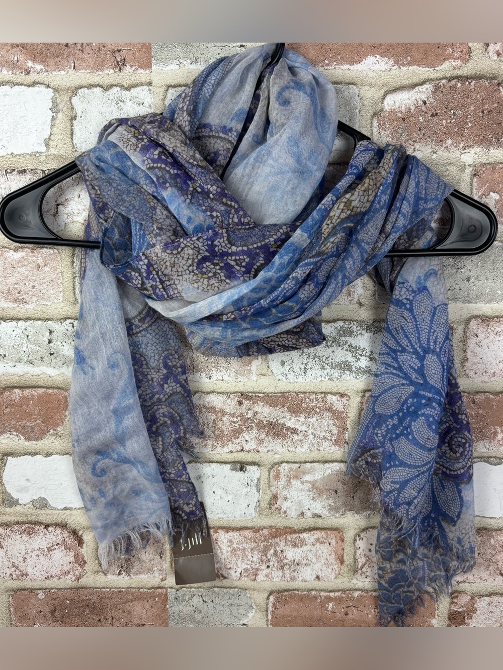 J.Jill Patchwork Jacquard Scarf NWT floral Blue Purple Lightweight fringe 75x26”